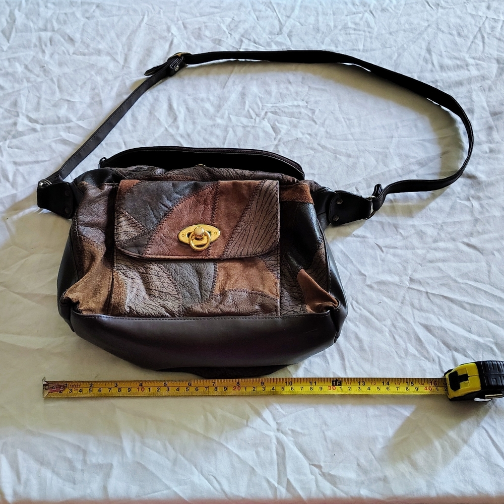 Vintage Western Patchwork Leather Crossbody Bag With Built In Mirror And Wallet.